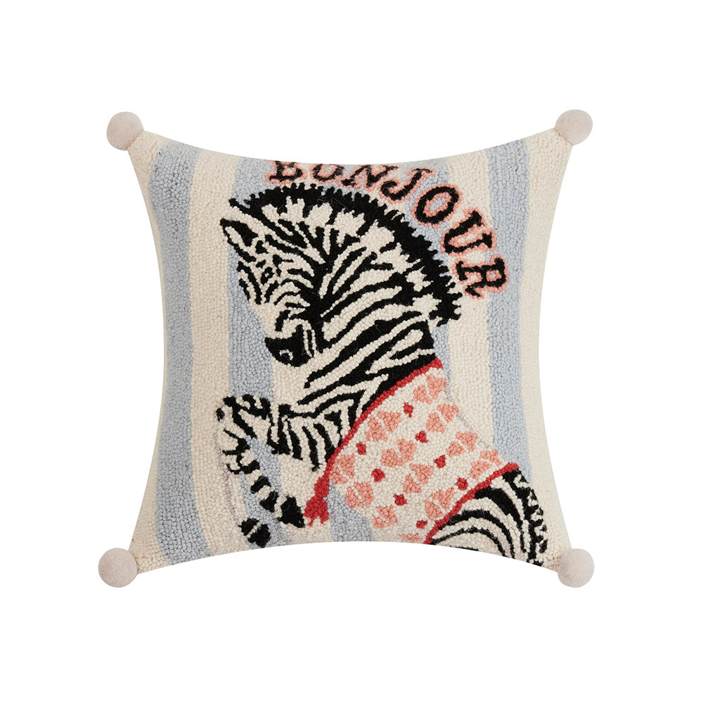 Zebra Bonjour Pillow, 100% Hooked Wool