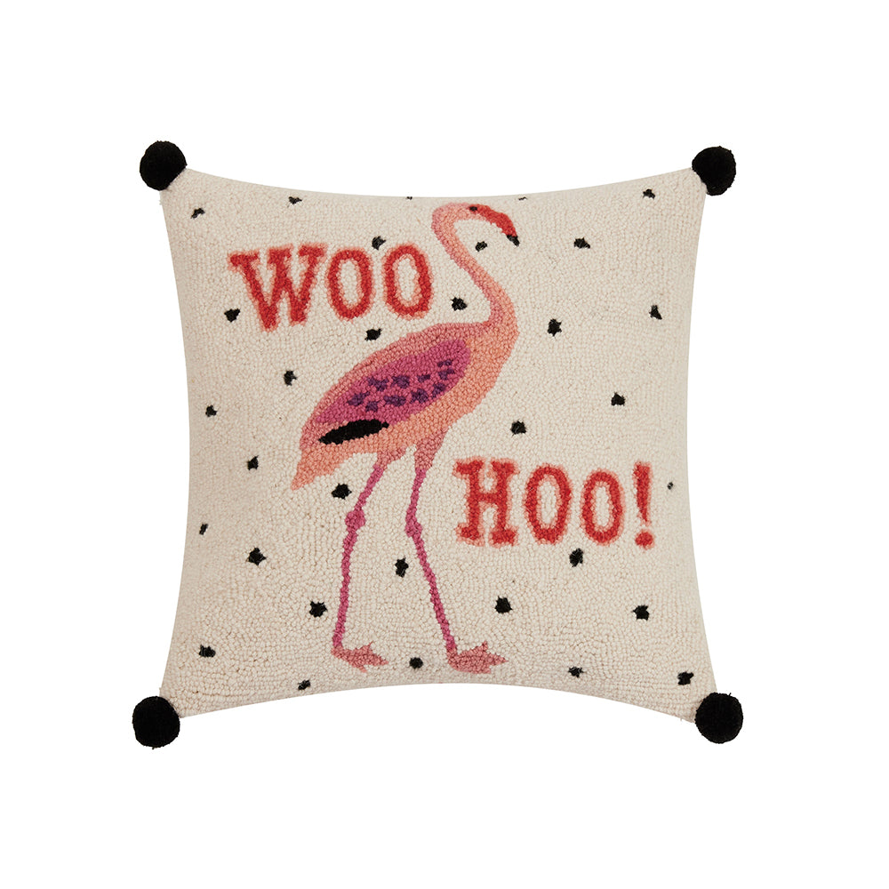 Flamingo Woo Hoo Pillow, 100% Hooked Wool