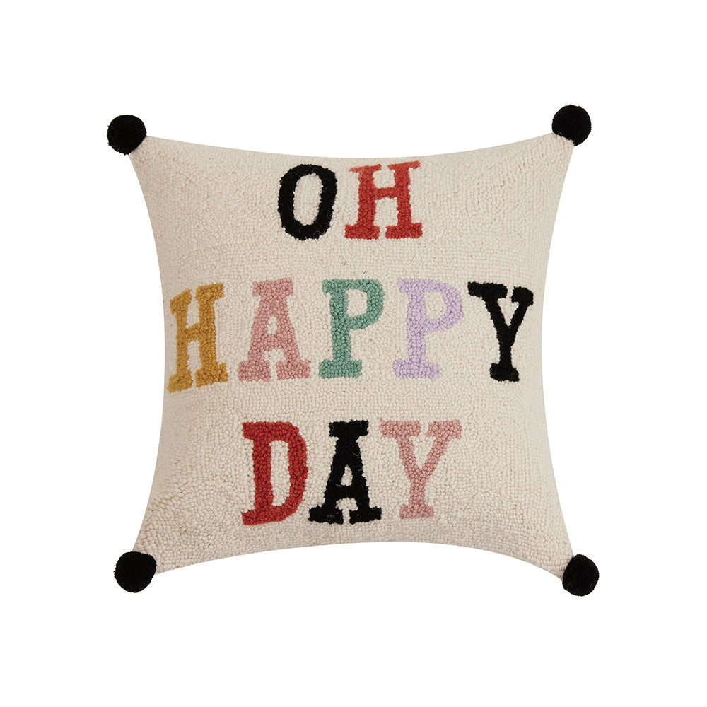 Oh Happy Day Pom Pom Pillow, 100% Hooked Wool