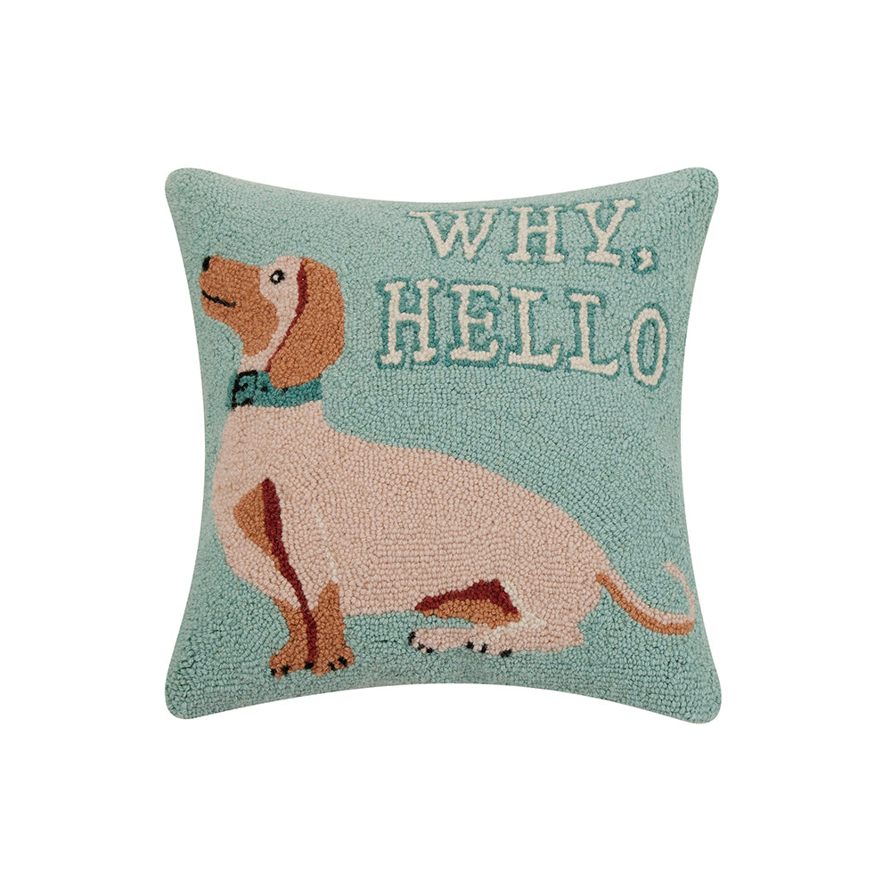 Why Hello Dog Pillow, 100% Hooked Wool