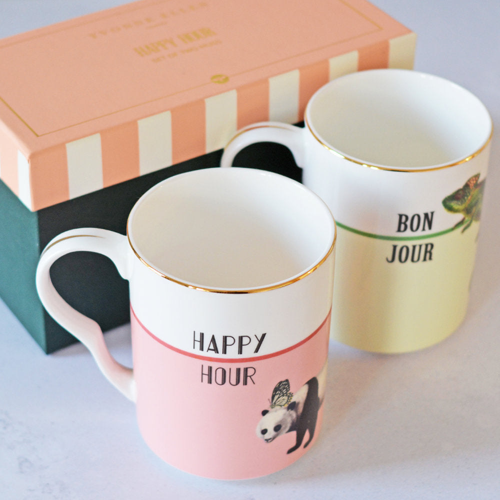 Happy Hour' and 'Bonjour' Mugs, Set of 2