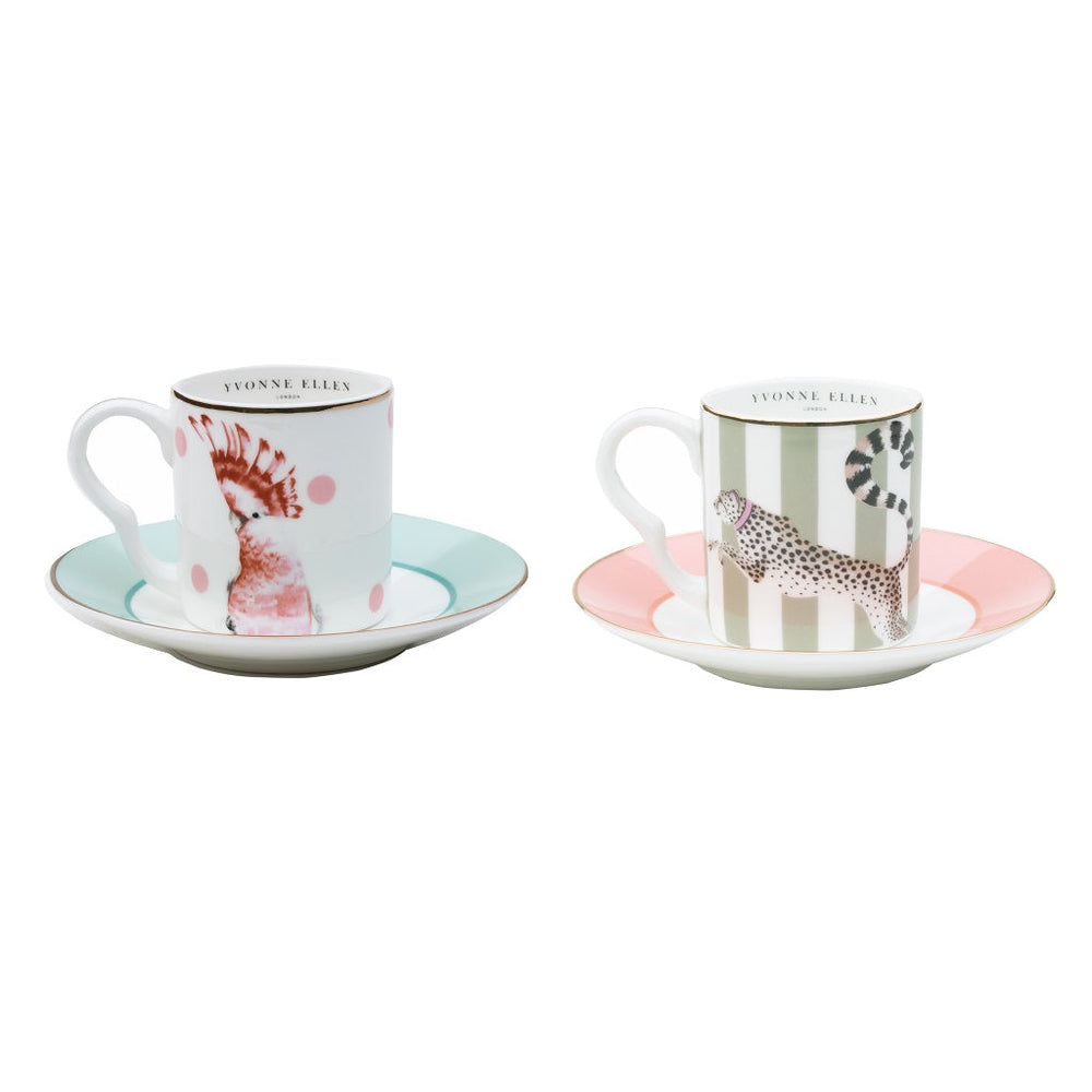 Cheetah and Bird Espresso Cup & Saucers, set of 2