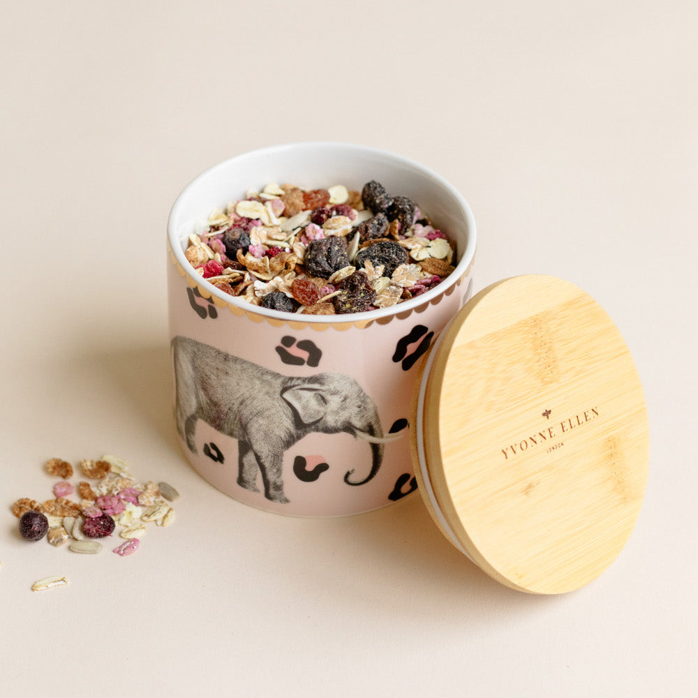 Elephant storage jar with muesli