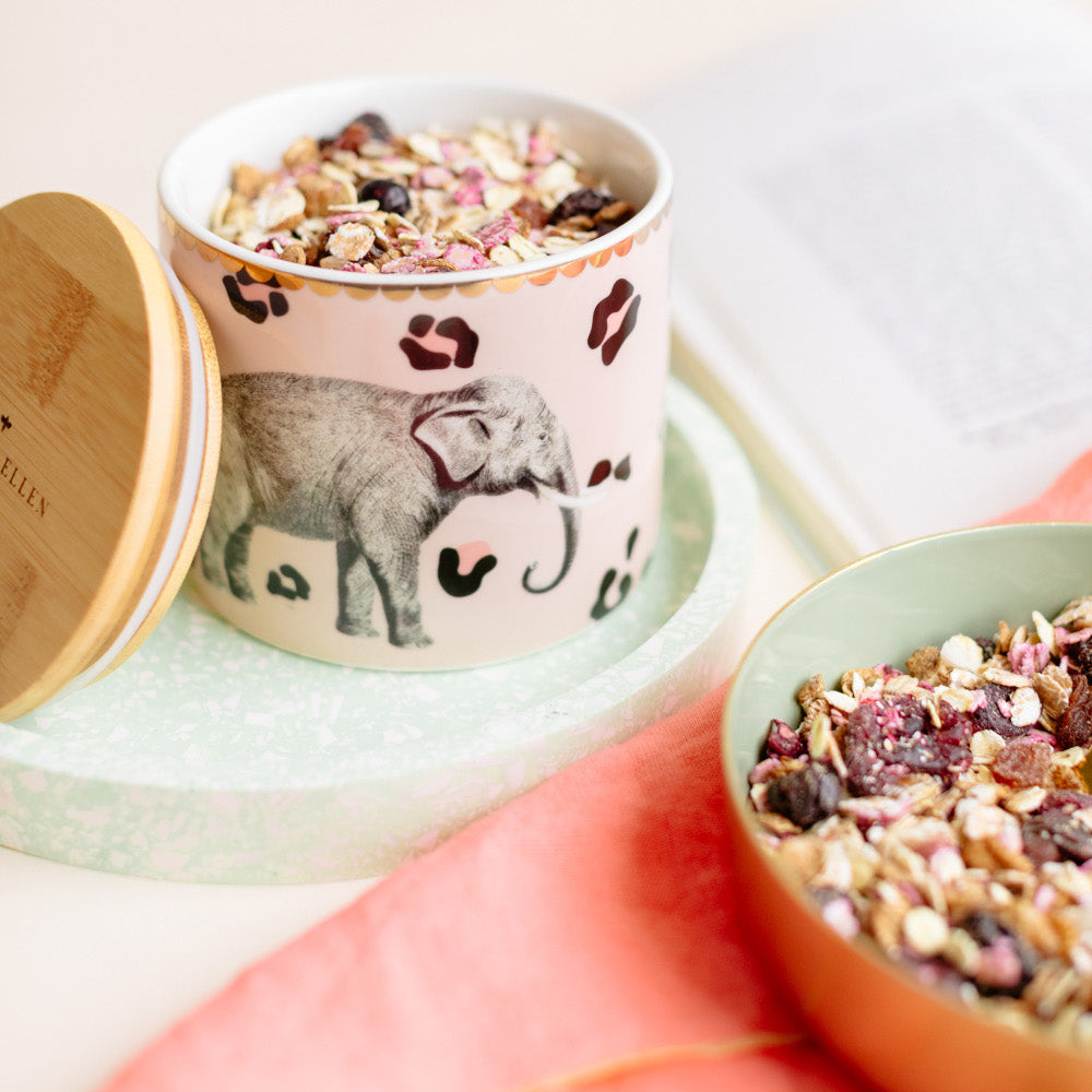 Elephant storage jar with muesli