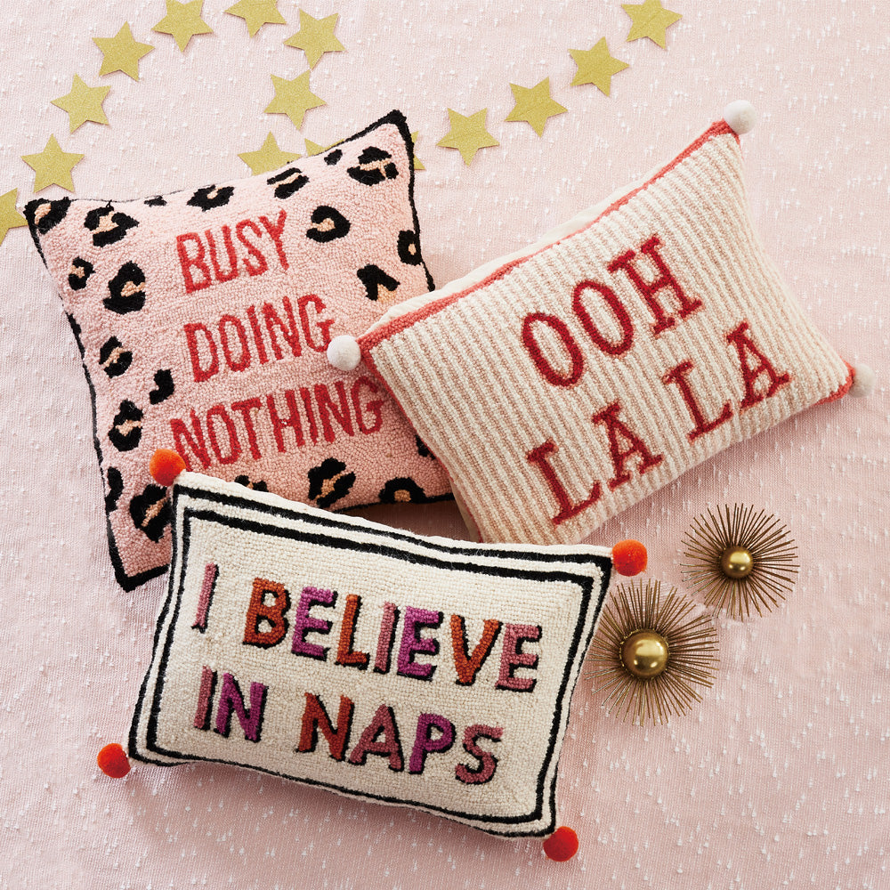 I Believe In Naps Pom Pom Pillow, 100% Hooked Wool