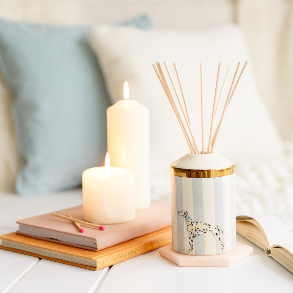 Reed diffuser, books and candles