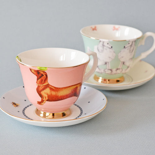 Sausage Dog and Poodle Tea Cup and Saucers set