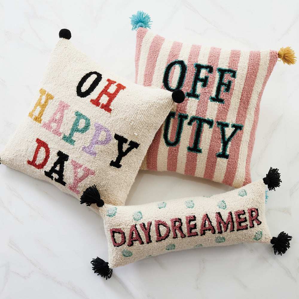 Oh Happy Day Pom Pom Pillow, 100% Hooked Wool