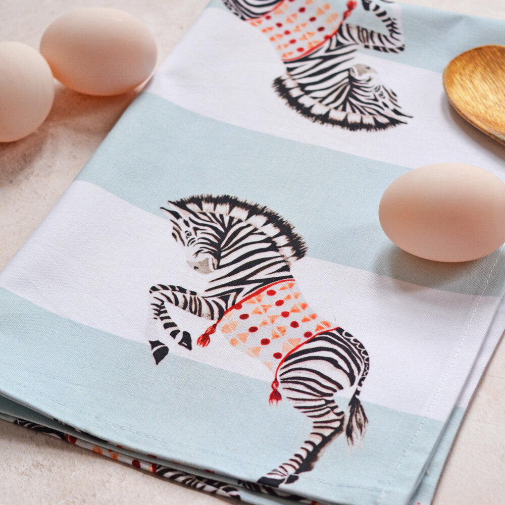 Zebra tea towel with eggs